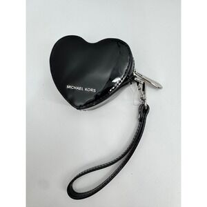 Michael Kors Coin Purse Women OS Black Patent Leather Heart Quilted Wristlet